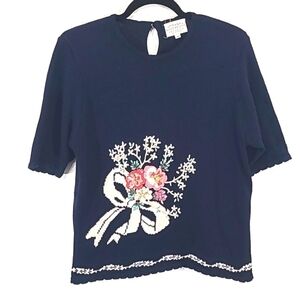 SUSAN BRISTOL Vintage Navy Blue Floral Embroidered Short Sleeve Sweater, size M